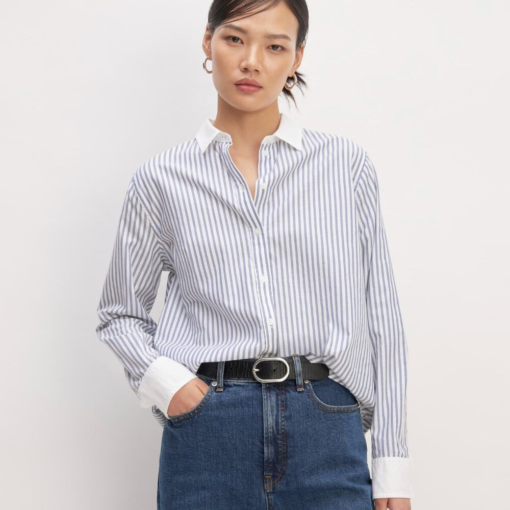 NWOT Everlane Must-Have Shirt in Silky Cotton, Blue White Stripe - Size 6